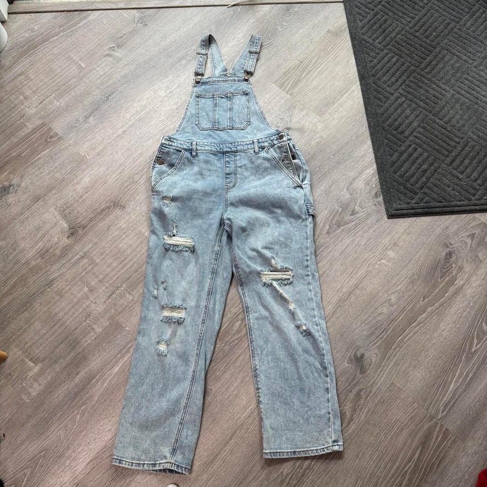 Wild Fable Womens Light Wash Distressed Denim Overalls Blue Small